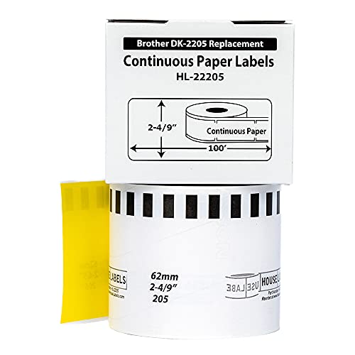 HOUSELABELS Compatible with DK-2205 Replacement Roll for Brother QL Label Printers; Yellow Continuous Length Labels; 2-4/9" x 100 feet (62mm*30.48m) with 1 Reusable Cartridge - 5 Rolls