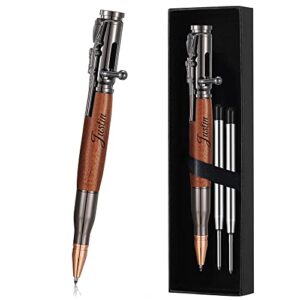 personalized bolt action pen gift set,free engraved metal ballpoint pen with 2 refills,office decor pen,custom gifts for men,husband,father,boyfriend,grandfather,brothers. (wooden)