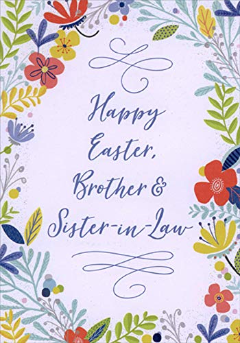 Designer Greetings Colorful Flowers and Vines Border Around White Panel Brother and Sister-in-Law Easter Card