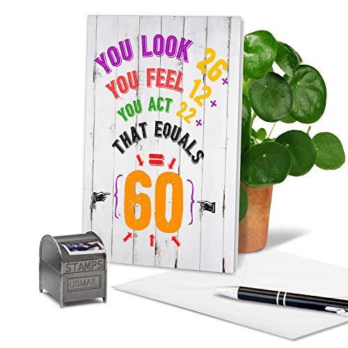 NobleWorks - 60th Milestone Birthday Card with Envelope - Fun Notecard for 60 Year Old, Stationery Congrats - Age Equation 60 C7194MBG