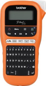 brother pt-e110 label maker, p-touch electrician label printer, handheld, qwerty keyboard, up to 12mm labels, includes 12mm black on white tape cassette