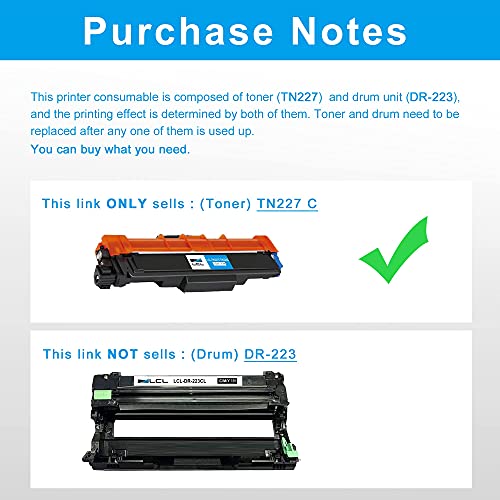 LCL Compatible Toner Cartridge Replacement for Brother TN227 TN223 TN-227 TN-223 TN227C TN223C TN-227C 2300 Pages HL-L3210CW HL-L3230CDW HL-L3270CDW HL-L3290CDW MFC-L3710CW MFC-L3750CDW (1-Pack Cyan)