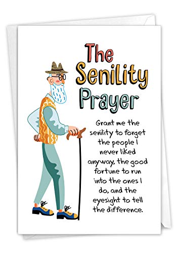 NobleWorks - 1 Funny Happy Birthday Notecard - Old Man Humor Greeting Card with Envelope - Man's Senility Prayer C9348BDG