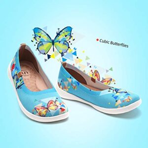 UIN Women's Ballet Flats Cute Casual Fancy Knit Art Painted Comfort Soft Round Toe Shoes Cubic Butterflies (38)