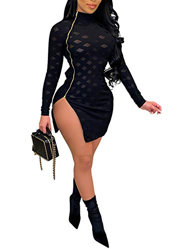 Uni Clau Women Sexy Sheer Mesh Boydcon Midi Dress See Through Printed Long Sleeve Midi Skinny Clubwear Party Dress (Y-Black, X-Large)