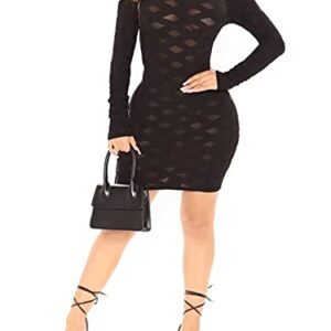 Uni Clau Women Sexy Sheer Mesh Boydcon Midi Dress See Through Printed Long Sleeve Midi Skinny Clubwear Party Dress (Y-Black, X-Large)