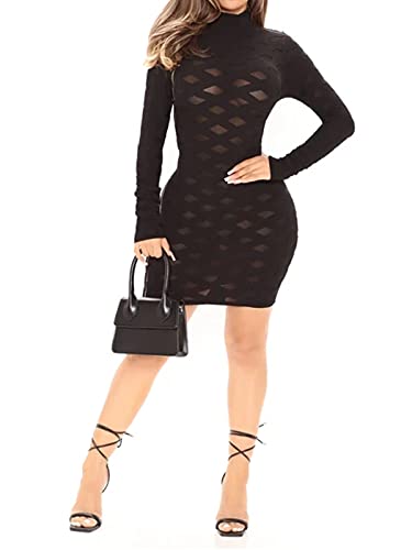 Uni Clau Women Sexy Sheer Mesh Boydcon Midi Dress See Through Printed Long Sleeve Midi Skinny Clubwear Party Dress (Y-Black, X-Large)