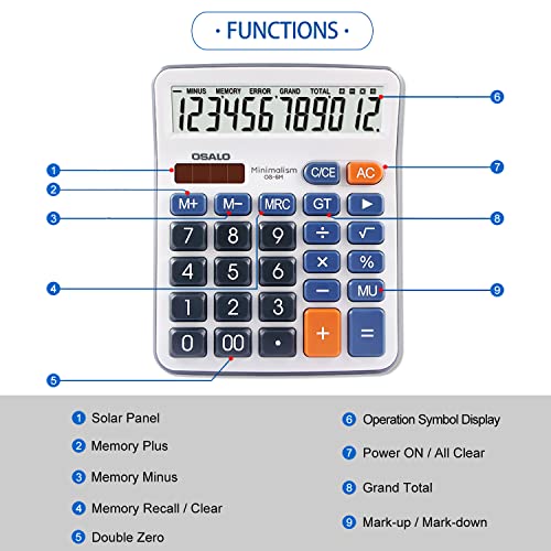 Desktop Calculator Large LCD Display 12 Digit Number Handheld Portable Pocket Basic Calculator with Big Soft Sensitive Button, Battery and Solar Powered, for Office Home School Use(OS-6M)