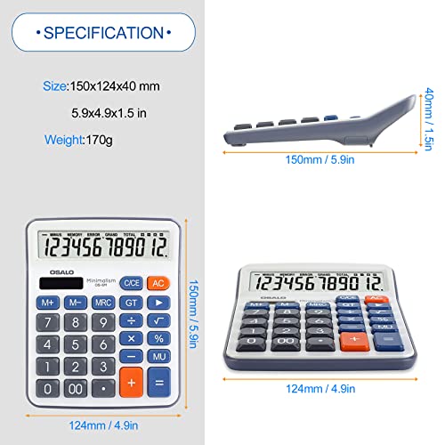 Desktop Calculator Large LCD Display 12 Digit Number Handheld Portable Pocket Basic Calculator with Big Soft Sensitive Button, Battery and Solar Powered, for Office Home School Use(OS-6M)