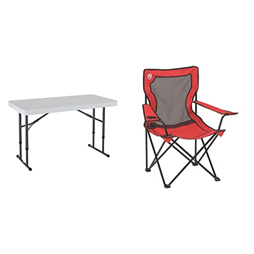 LIFETIME 80160 Commercial Height Adjustable Folding Utility Table, 4 Feet, White Granite & Coleman Broadband Mesh Quad Camping Chair