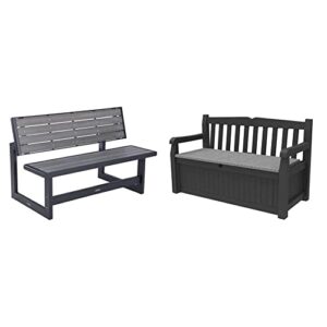 lifetime 60253 outdoor convertible bench, 55 inch, harbor gray & keter solana 70 gallon storage bench deck box, front porch decor and outdoor seating, grey
