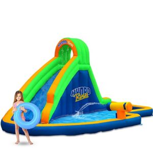 blast zone hydro rush – inflatable water park with blower – curved slide – splash area – water cannon – climbing wall