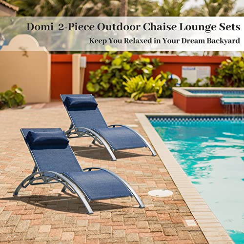 Domi Lounge Chair Set of 2, Aluminum Lounge Chairs for Outside with 5 Adjustable Positions, Chaise Lounge Outdoor for Pool, Garden, Beach, Camping, Backyard (Blue)