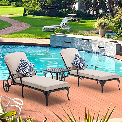 HOMEFUN Chaise Lounge Outdoor with Side Table, Aluminum Pool Lounge Chairs for Outside with Beige Cushions Coffee Table Wheels Adjustable Reclining, Patio Furniture Set, Pack of 3(Antique Bronze)