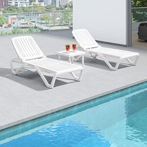 purple leaf outdoor pool chaise lounge plastic chair set of 3 patio adjustable lay flat recliners tanning lounger chairs with table for in-pool sunbathing beach lawn poolside, white