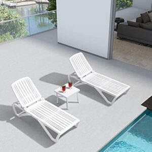 PURPLE LEAF Outdoor Pool Chaise Lounge Plastic Chair Set of 3 Patio Adjustable Lay Flat Recliners Tanning Lounger Chairs with Table for in-Pool Sunbathing Beach Lawn Poolside, White