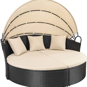 Homall Patio Furniture Outdoor Daybed with Retractable Canopy Rattan Wicker Furniture Sectional Seating with Washable Cushions for Patio Backyard Porch Pool Round Daybed Separated Seating (Beige)