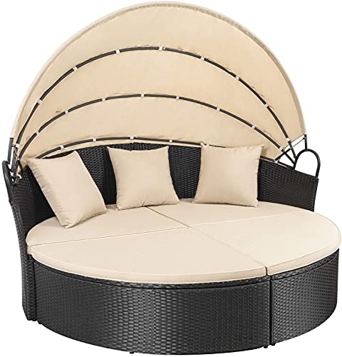 Homall Patio Furniture Outdoor Daybed with Retractable Canopy Rattan Wicker Furniture Sectional Seating with Washable Cushions for Patio Backyard Porch Pool Round Daybed Separated Seating (Beige)