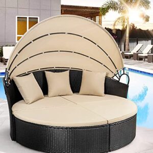 Homall Patio Furniture Outdoor Daybed with Retractable Canopy Rattan Wicker Furniture Sectional Seating with Washable Cushions for Patio Backyard Porch Pool Round Daybed Separated Seating (Beige)