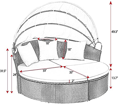 Homall Patio Furniture Outdoor Daybed with Retractable Canopy Rattan Wicker Furniture Sectional Seating with Washable Cushions for Patio Backyard Porch Pool Round Daybed Separated Seating (Beige)