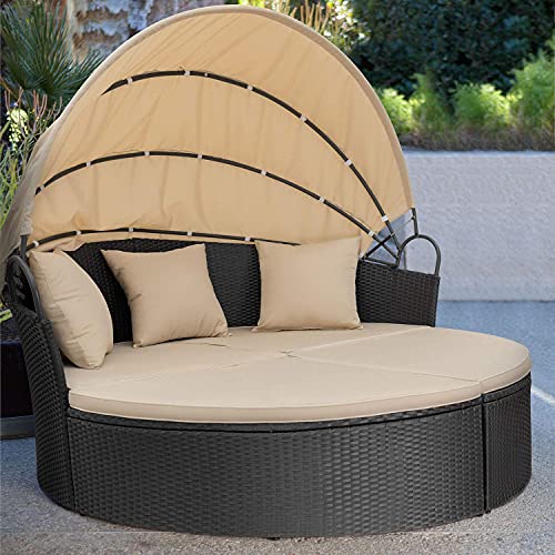 Homall Patio Furniture Outdoor Daybed with Retractable Canopy Rattan Wicker Furniture Sectional Seating with Washable Cushions for Patio Backyard Porch Pool Round Daybed Separated Seating (Beige)