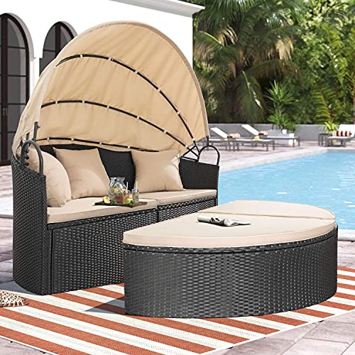 Homall Patio Furniture Outdoor Daybed with Retractable Canopy Rattan Wicker Furniture Sectional Seating with Washable Cushions for Patio Backyard Porch Pool Round Daybed Separated Seating (Beige)