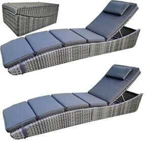 btexpert foldable outdoor chaise pool lounge chair folding wicker rattan sun bed patio couch reclining lounger adjustable padded backrest pillow assembled set of 2, grey – two piece