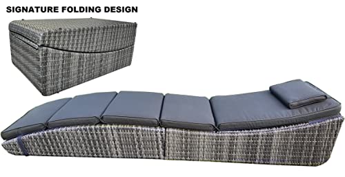 BTEXPERT Foldable Outdoor Chaise Pool Lounge Chair Folding Wicker Rattan Sun Bed Patio Couch Reclining Lounger Adjustable Padded Backrest Pillow Assembled Set of 2, Grey - Two Piece