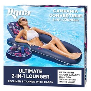 aqua campania ultimate 2-in-1 pool float lounge – extra large – inflatable pool floats for adults with adjustable backrest & cupholder caddy – navy hibiscus