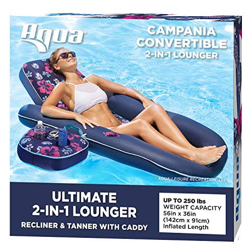 Aqua Campania Ultimate 2-in-1 Pool Float Lounge – Extra Large – Inflatable Pool Floats for Adults with Adjustable Backrest & Cupholder Caddy – Navy Hibiscus