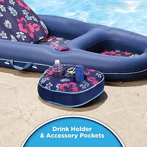 Aqua Campania Ultimate 2-in-1 Pool Float Lounge – Extra Large – Inflatable Pool Floats for Adults with Adjustable Backrest & Cupholder Caddy – Navy Hibiscus