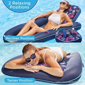 Aqua Campania Ultimate 2-in-1 Pool Float Lounge – Extra Large – Inflatable Pool Floats for Adults with Adjustable Backrest & Cupholder Caddy – Navy Hibiscus