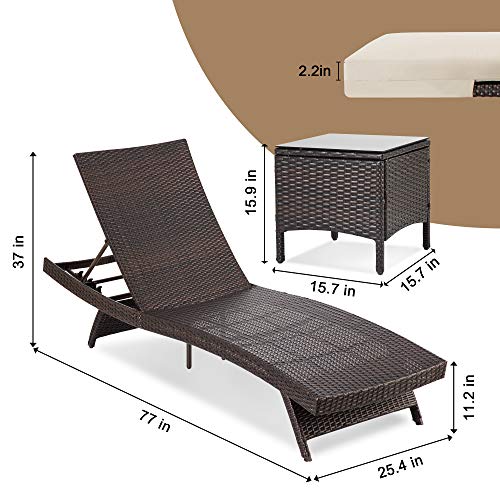 Pamapic Patio Chaise Lounge Set 3 Pieces，Patio Lounge Chair with Adjustable Backrest and Removable Cushion, Outdoor Pool Lounge Chair Set for Patio Poolside Backyard Porch