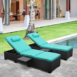 Outdoor PE Wicker Chaise Lounge for Outside - 2 Piece Patio Set Black Rattan Reclining Sunbathing Chair Beach Poolside Adjustable Backrest Recliners with Furniture Cover and Turquoise Cushions