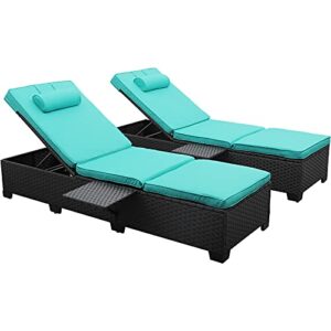 Outdoor PE Wicker Chaise Lounge for Outside - 2 Piece Patio Set Black Rattan Reclining Sunbathing Chair Beach Poolside Adjustable Backrest Recliners with Furniture Cover and Turquoise Cushions