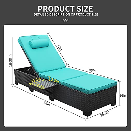 Outdoor PE Wicker Chaise Lounge for Outside - 2 Piece Patio Set Black Rattan Reclining Sunbathing Chair Beach Poolside Adjustable Backrest Recliners with Furniture Cover and Turquoise Cushions