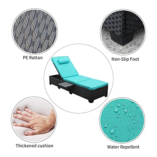 Outdoor PE Wicker Chaise Lounge for Outside - 2 Piece Patio Set Black Rattan Reclining Sunbathing Chair Beach Poolside Adjustable Backrest Recliners with Furniture Cover and Turquoise Cushions