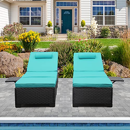 Outdoor PE Wicker Chaise Lounge for Outside - 2 Piece Patio Set Black Rattan Reclining Sunbathing Chair Beach Poolside Adjustable Backrest Recliners with Furniture Cover and Turquoise Cushions