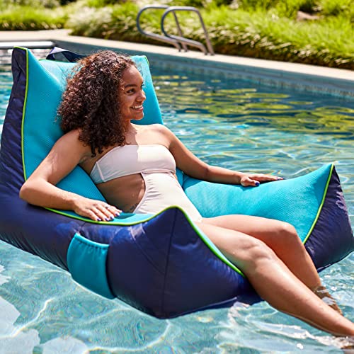 Big Joe Captain's Float No Inflation Needed Pool Lounger with Drink Holder, Navy/Aqua Mesh, 3ft