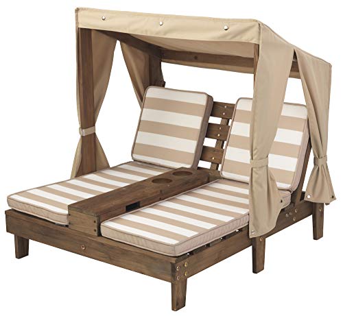 KidKraft Wooden Outdoor Double Chaise Lounge with Cup Holders, Patio Furniture for Kids or Pets, Espresso with Oatmeal and White Striped Fabric