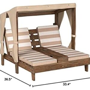 KidKraft Wooden Outdoor Double Chaise Lounge with Cup Holders, Patio Furniture for Kids or Pets, Espresso with Oatmeal and White Striped Fabric