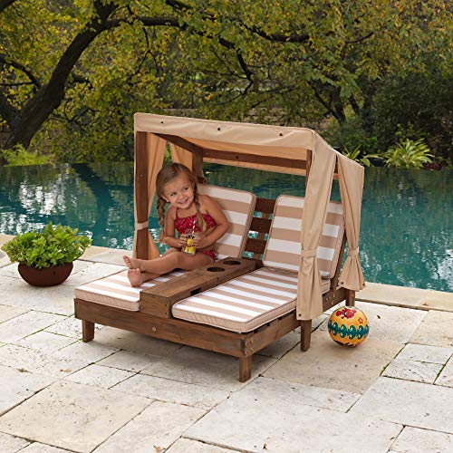 KidKraft Wooden Outdoor Double Chaise Lounge with Cup Holders, Patio Furniture for Kids or Pets, Espresso with Oatmeal and White Striped Fabric