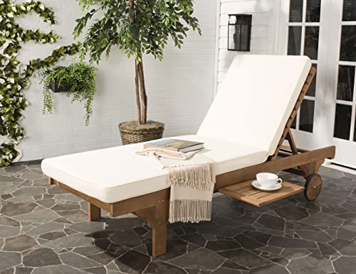 SAFAVIEH Outdoor Collection Newport Natural/ Beige Cushion Built-in Side Table Adjustable Chaise Lounge Chair