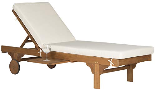 SAFAVIEH Outdoor Collection Newport Natural/ Beige Cushion Built-in Side Table Adjustable Chaise Lounge Chair