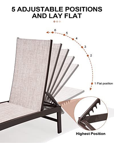 Crestlive Products Aluminum Adjustable Chaise Lounge Chair Outdoor Five-Position Recliner, Curved Design, All Weather for Patio, Beach, Yard, Pool (2PCS Beige)