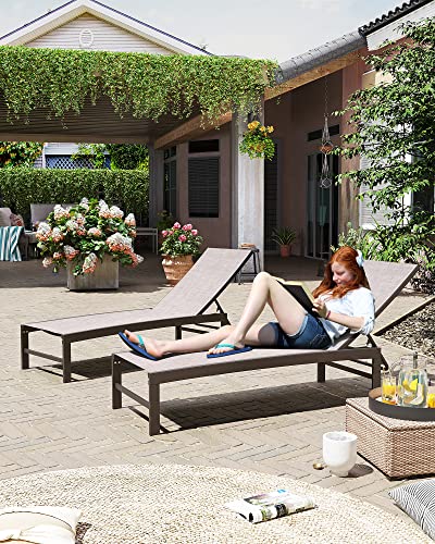 Crestlive Products Aluminum Adjustable Chaise Lounge Chair Outdoor Five-Position Recliner, Curved Design, All Weather for Patio, Beach, Yard, Pool (2PCS Beige)