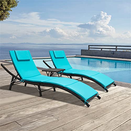 GUNJI Lounge Chairs for Outside 3 Pieces Patio Adjustable Chaise Lounge Outdoor Wicker Lounge Chairs Set of 2 with Table Folding Chaise Lounger for Poolside, Deck, Lawn (Blue)