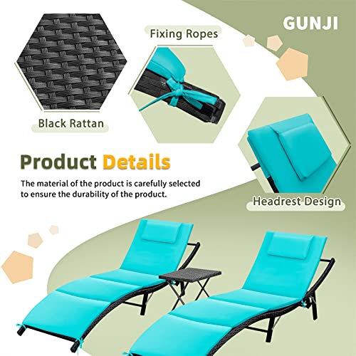 GUNJI Lounge Chairs for Outside 3 Pieces Patio Adjustable Chaise Lounge Outdoor Wicker Lounge Chairs Set of 2 with Table Folding Chaise Lounger for Poolside, Deck, Lawn (Blue)