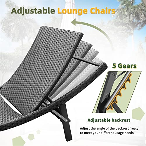 GUNJI Lounge Chairs for Outside 3 Pieces Patio Adjustable Chaise Lounge Outdoor Wicker Lounge Chairs Set of 2 with Table Folding Chaise Lounger for Poolside, Deck, Lawn (Blue)