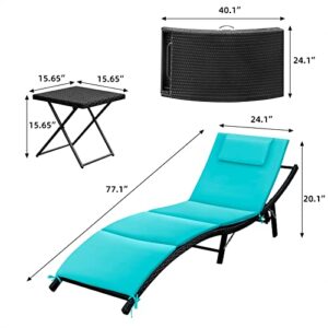 GUNJI Lounge Chairs for Outside 3 Pieces Patio Adjustable Chaise Lounge Outdoor Wicker Lounge Chairs Set of 2 with Table Folding Chaise Lounger for Poolside, Deck, Lawn (Blue)